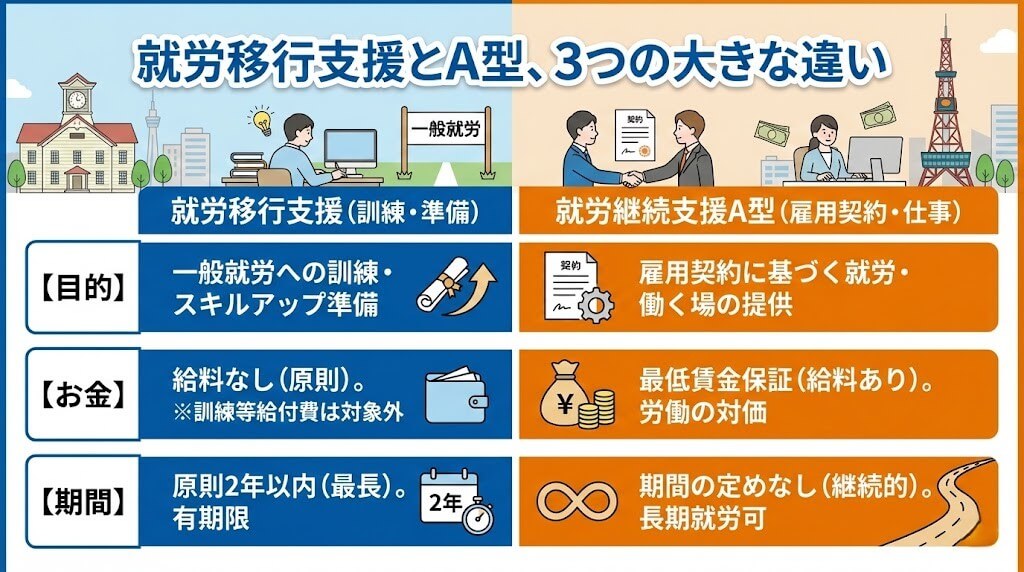 就労移行支援とA型、3つの大きな違い