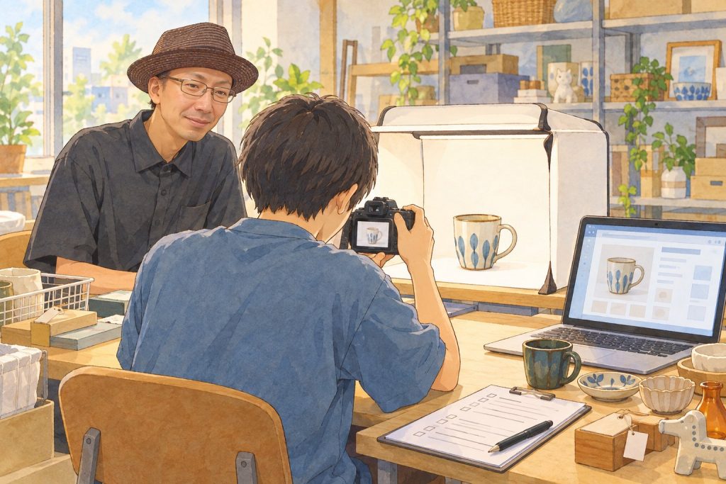 撮影ボックスで商品を撮影する利用者さんと見守る榊原さんのイラスト