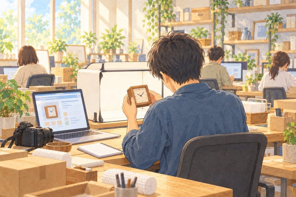 自分の席で1つの商品を丁寧に確かめる利用者さんのイラスト