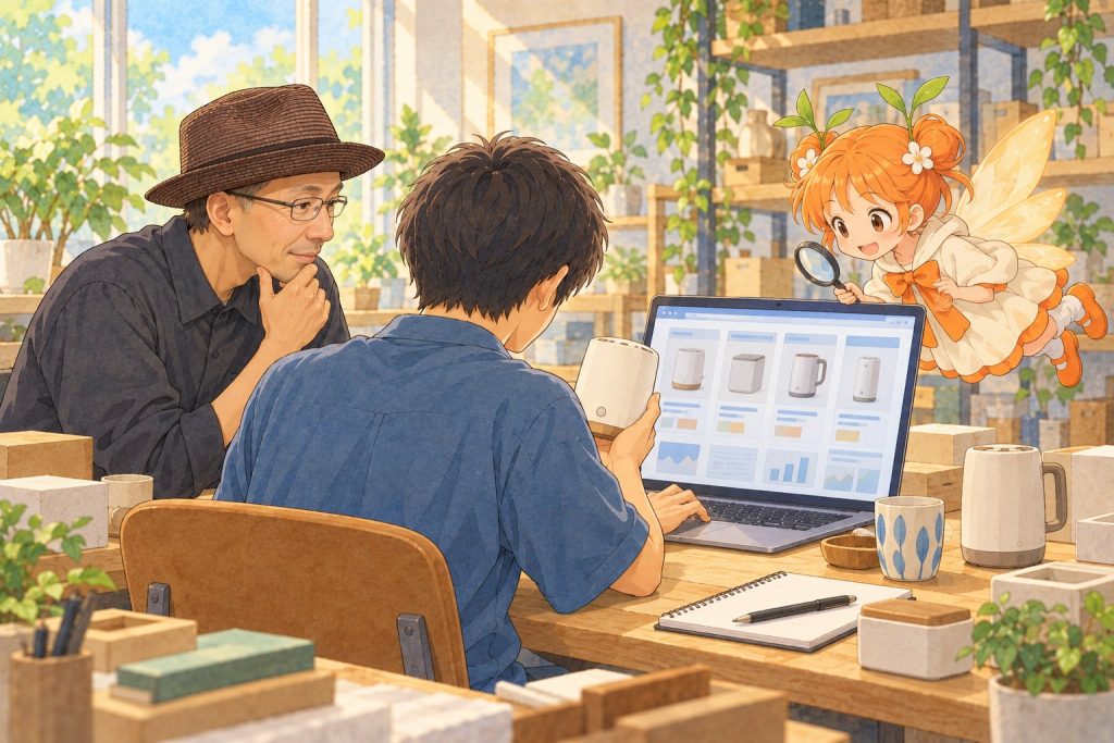 相場を調べる利用者さんと考える榊原さん、虫めがねを持つひよりのイラスト