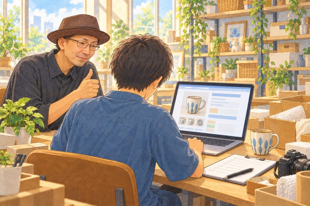 出品前の画面を確認してOKを出す榊原さんのイラスト