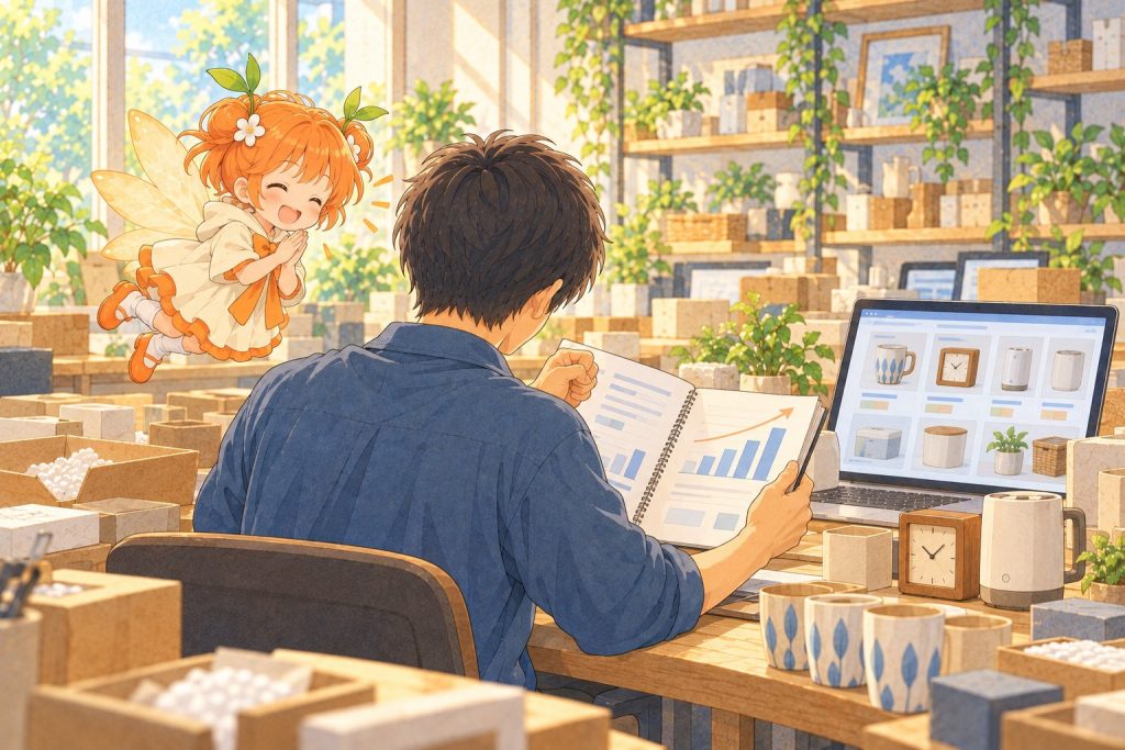 作業報告を振り返って喜ぶ利用者さんと拍手するひよりのイラスト
