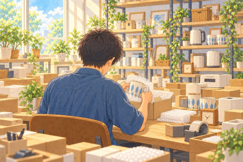 出品の準備ができた商品がたくさん並ぶ作業台のイラスト