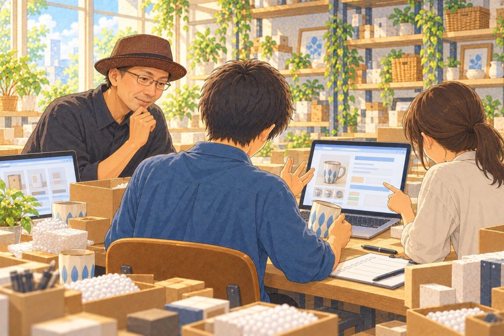 利用者さんの相談にのる榊原さんと手伝う隣の利用者さんのイラスト