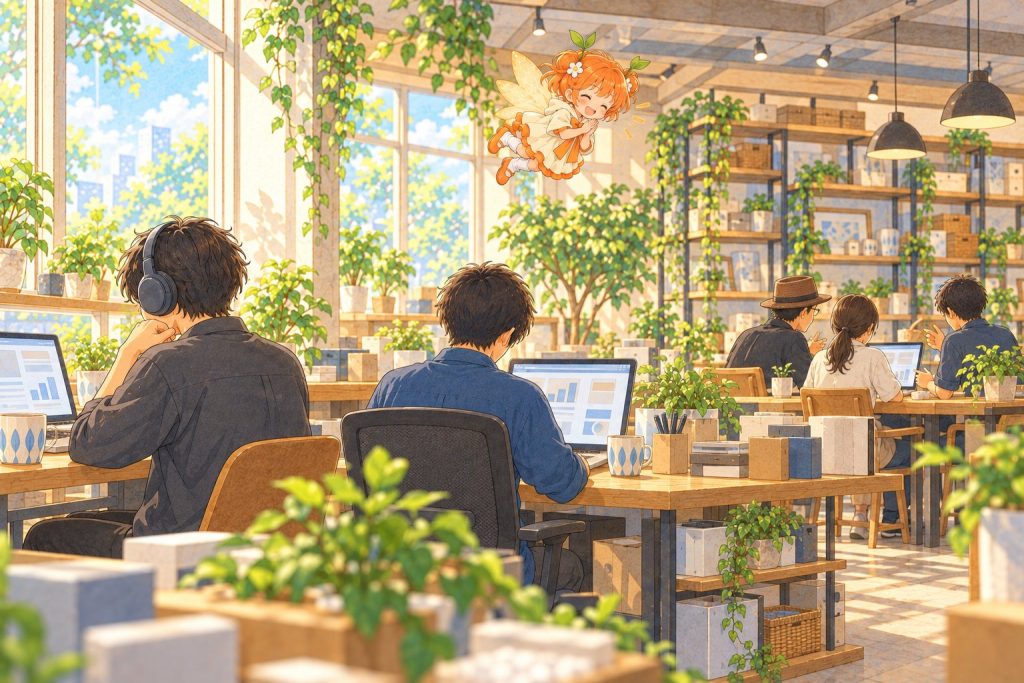 静かな席、自分の席、相談しながらの席で作業する利用者さんたちのイラスト