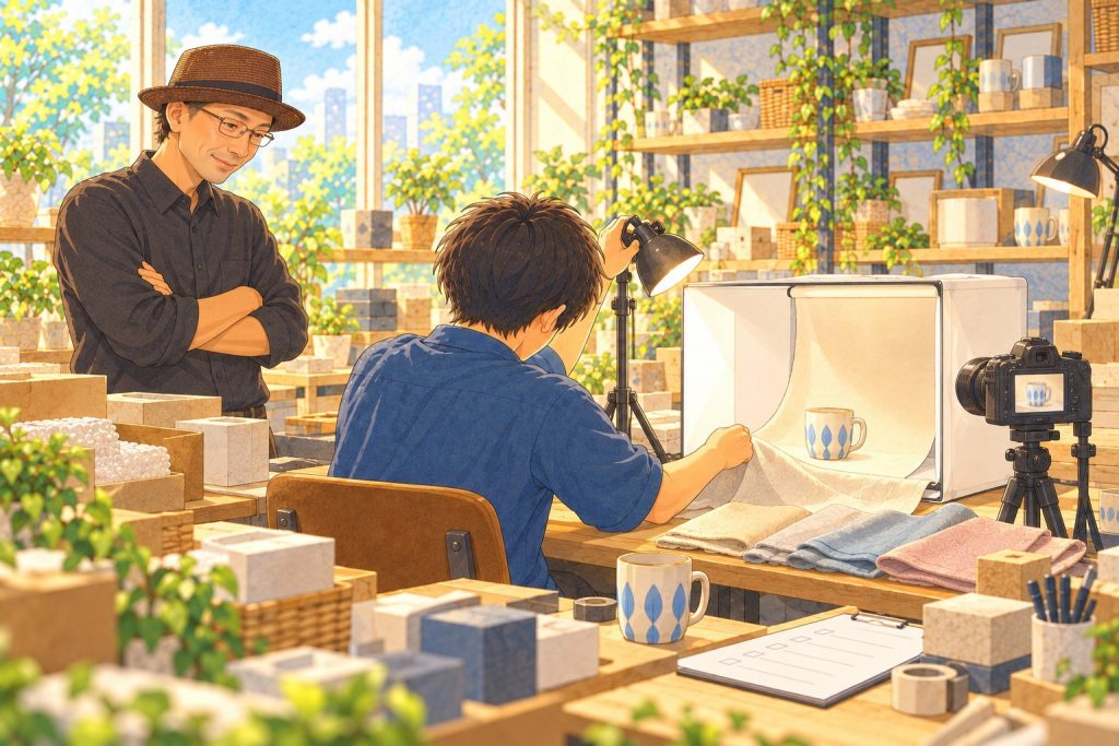 撮影の照明や背景を工夫する利用者さんと感心して見守る榊原さんのイラスト
