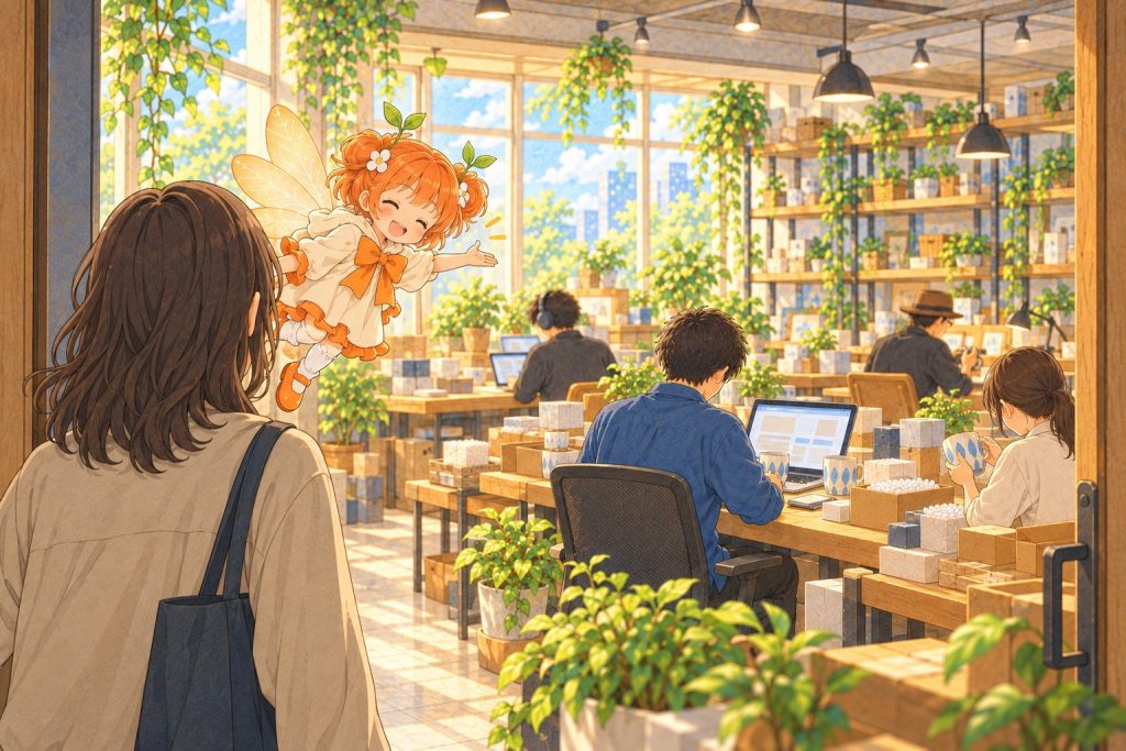 見学に来た人をひよりがオフィスの中へ案内するイラスト