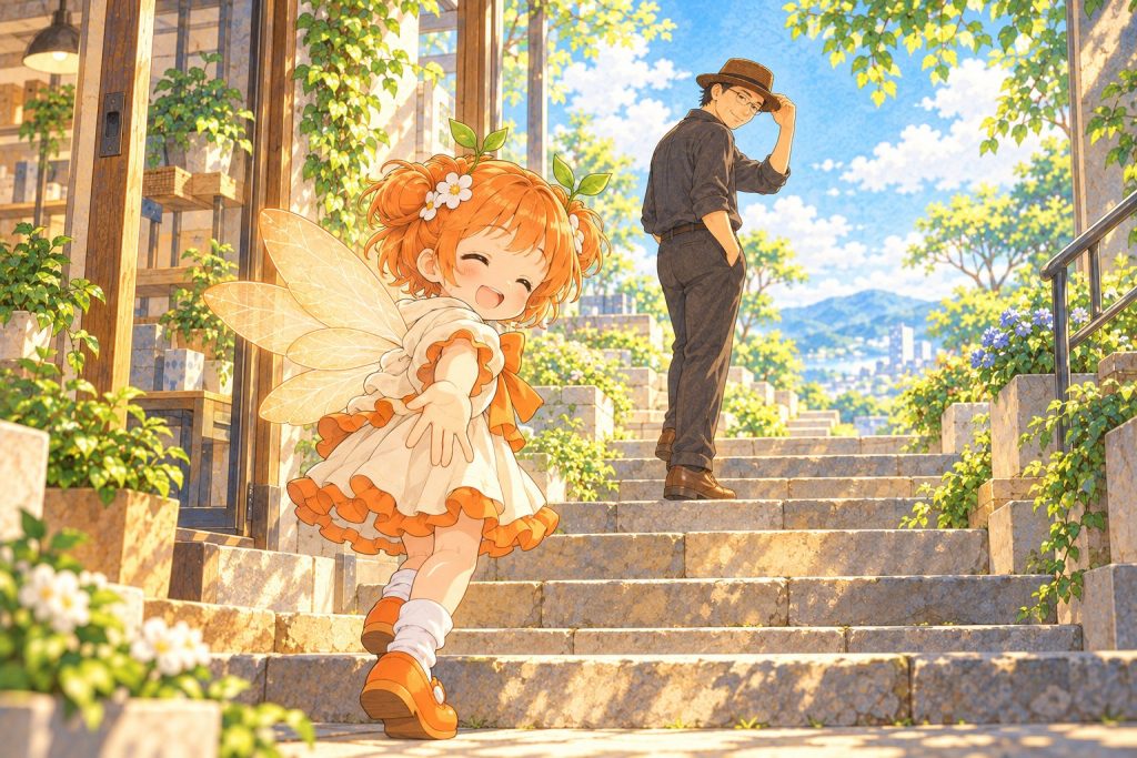 石段の前で手を差し伸べるひよりと先で待つ榊原さんのイラスト