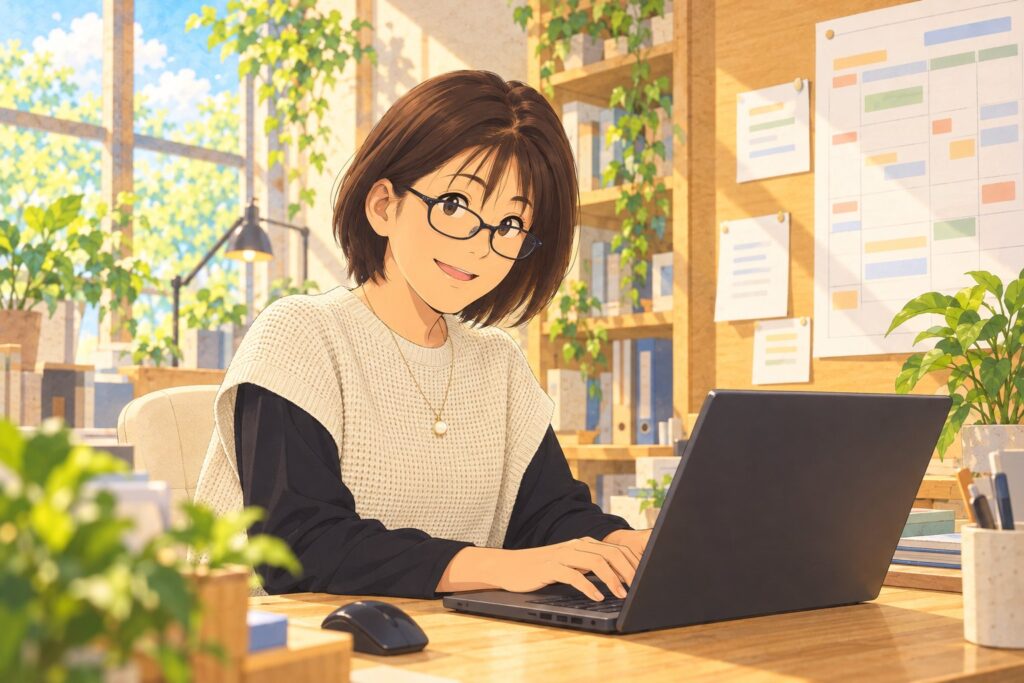 ノートパソコンで作業しながら微笑む北島さんのイラスト