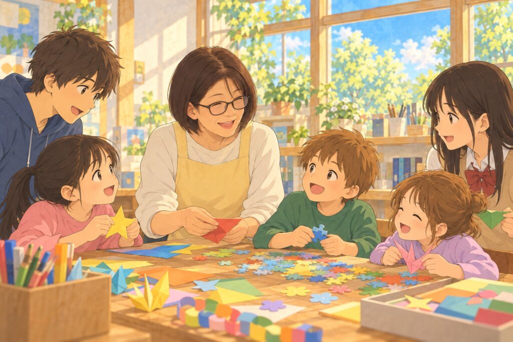 子どもたちと一緒に工作に取り組む北島さんのイラスト