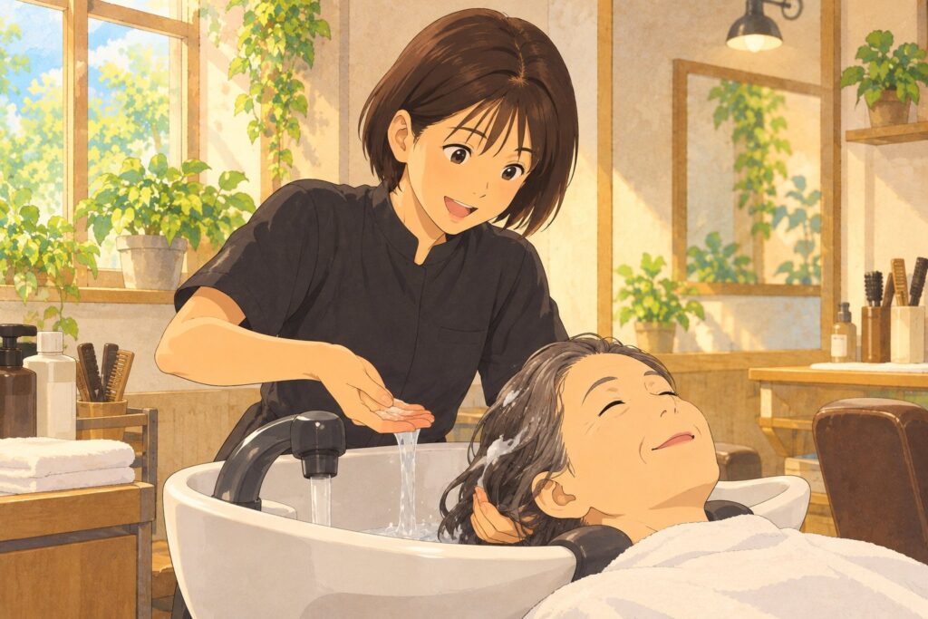 見習い美容師が年配のお客さんの髪を丁寧に洗っているイラスト
