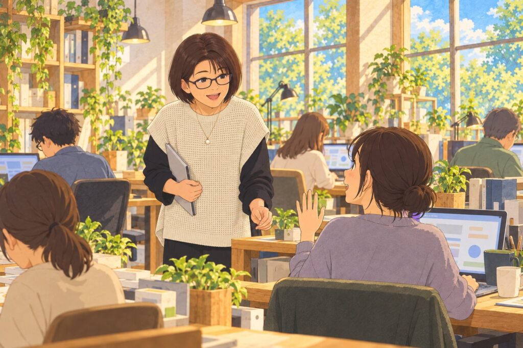 手を挙げて職員を呼ぶ利用者さんと、近づいていく北島さんのイラスト