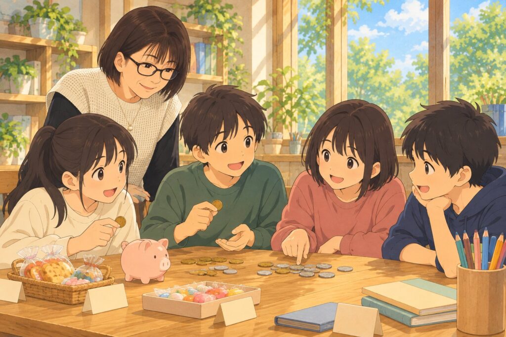硬貨と貯金箱を前に、何を買うか相談する子どもたちと北島さんのイラスト