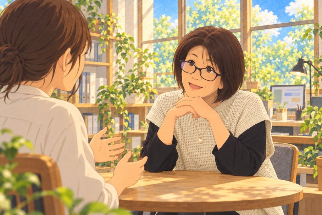 利用者さんの話をうなずきながら聞く北島さんのイラスト