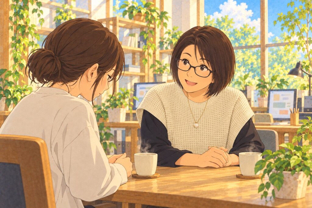 お茶を置いて、利用者さんの隣で静かに話を聞く北島さんのイラスト