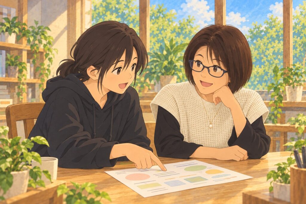 利用者さんと1枚の用紙を一緒に見ながら話す北島さんのイラスト