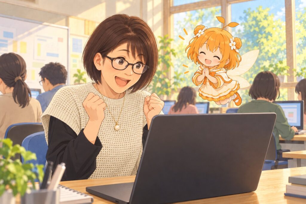パソコンでホームページ作りを練習して喜ぶ北島さんと、拍手するひよりのイラスト