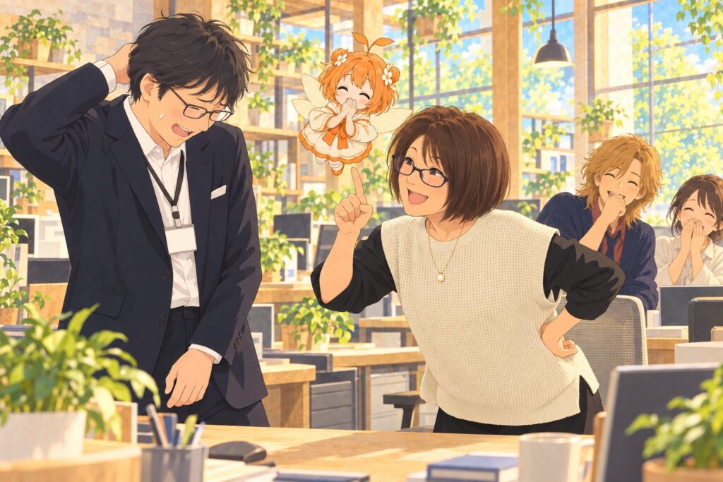 北島さんが職員さんに冗談で「こらっ」とやって、まわりのみんなが笑っているイラスト