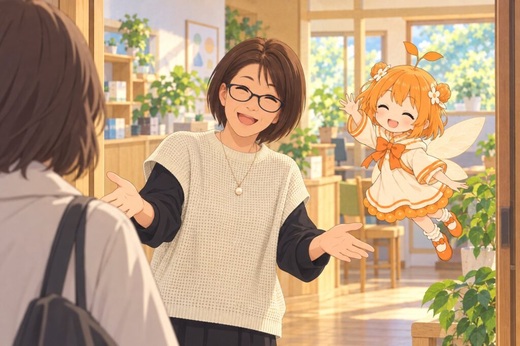 見学に来た人を笑顔で迎える北島さんと、手を振るひよりのイラスト