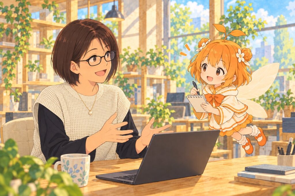 ひよりが北島さんにインタビューしているイラスト