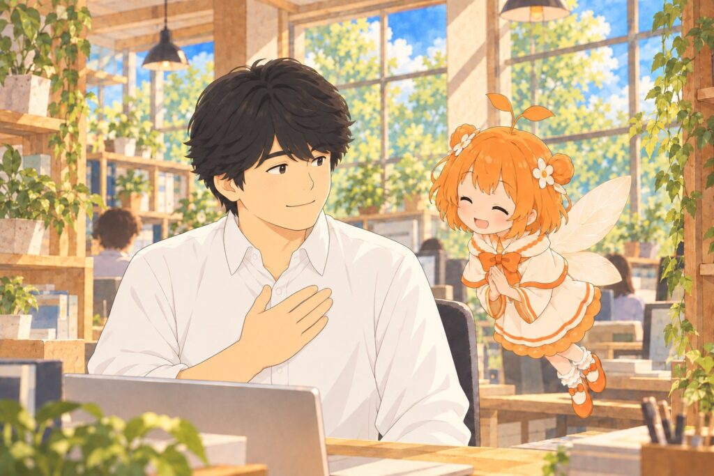 胸に手を当ててあいさつする中井社長と、おじぎをするひよりのイラスト