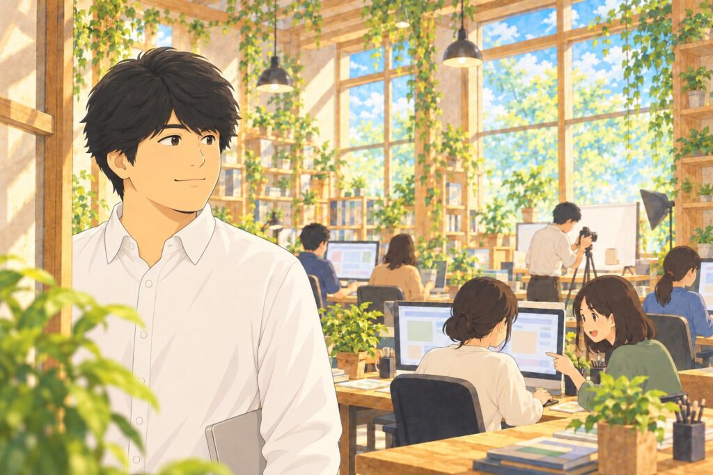 パソコン作業や商品撮影をする利用者さんたちを見守る中井社長のイラスト