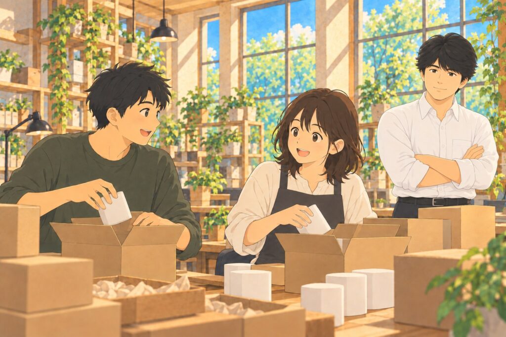 商品の箱詰めをしながら笑い合う利用者さん2人と、うなずく中井社長のイラスト