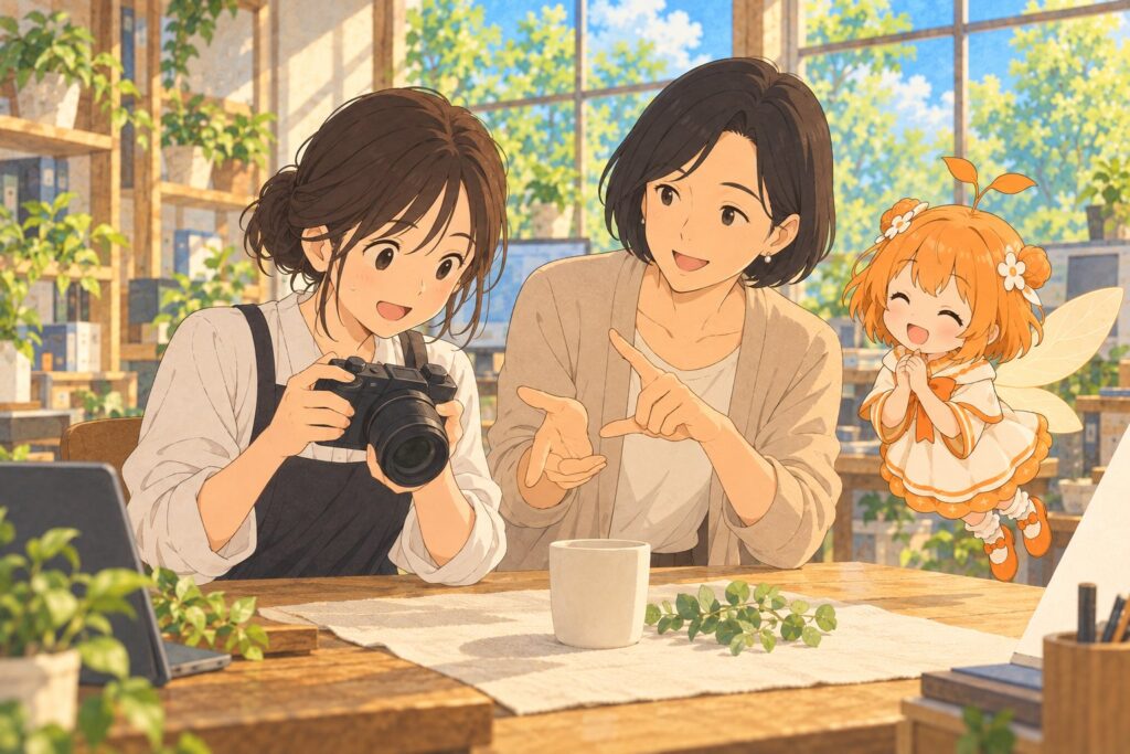 初めてカメラで商品を撮る利用者さんに、職員さんが撮り方を教えているイラスト