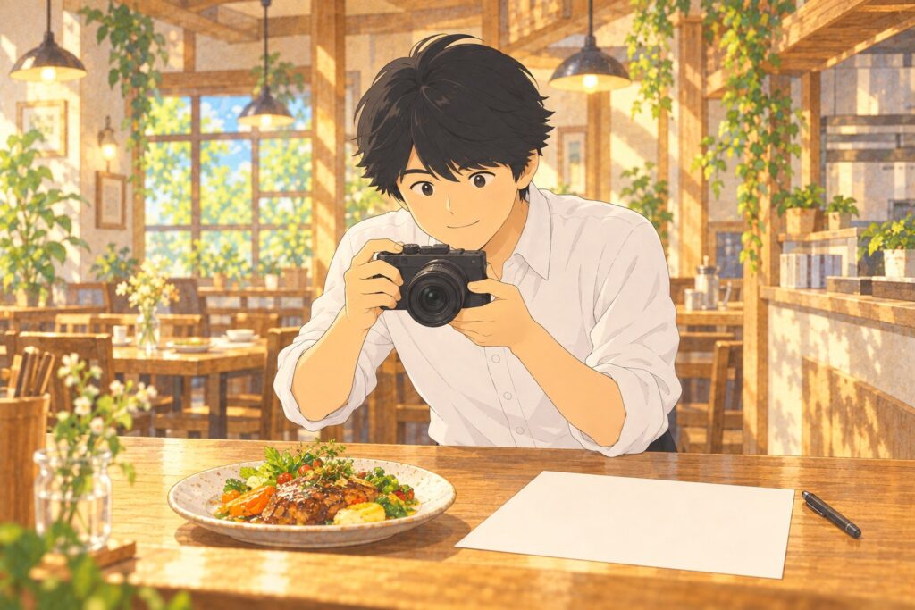若いころの中井社長が、飲食店で料理の写真を撮っているイラスト