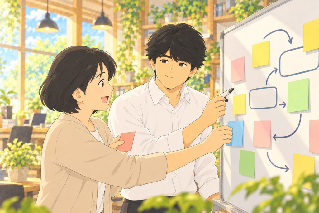 ホワイトボードの前で、職員さんと仕事の手順を話し合う中井社長のイラスト