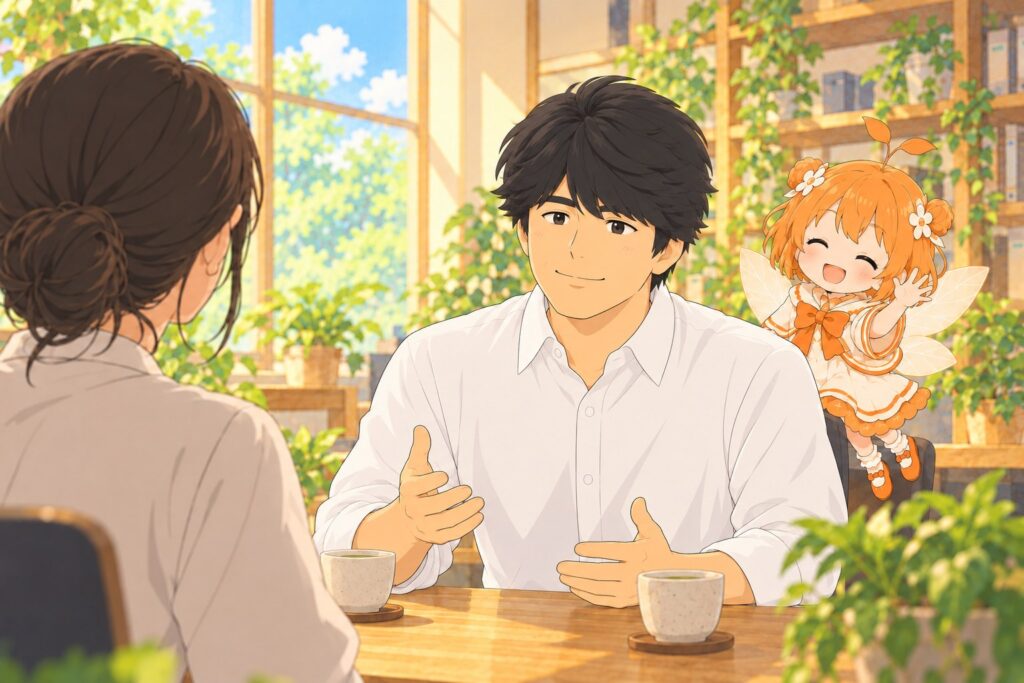 見学に来た人と笑顔で話す中井社長と、手を振るひよりのイラスト