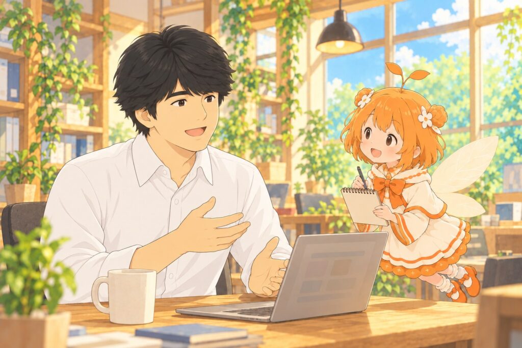 ひよりが中井社長にインタビューしているイラスト