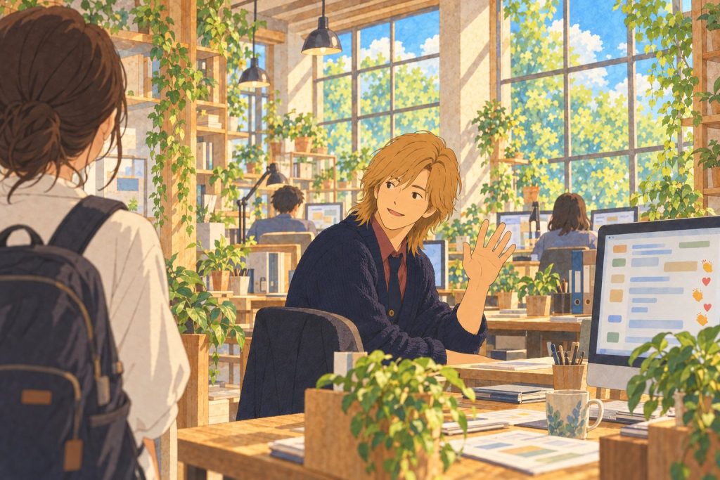 朝、出社した利用者さんに上田さんが手を振るイラスト