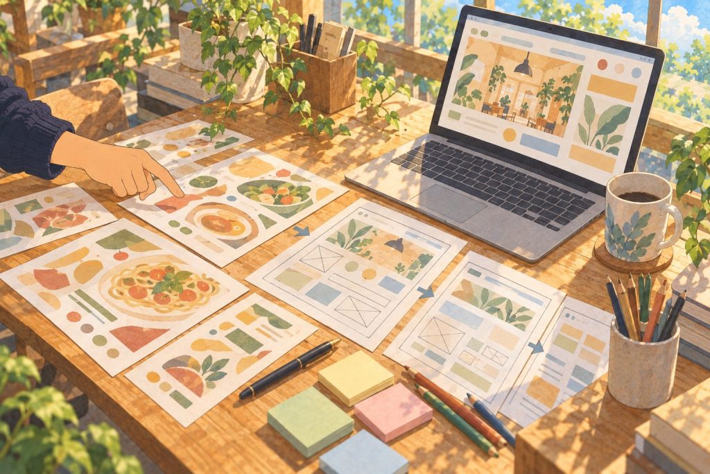 飲食店のチラシとホームページのラフが工程順に並ぶ机のイラスト