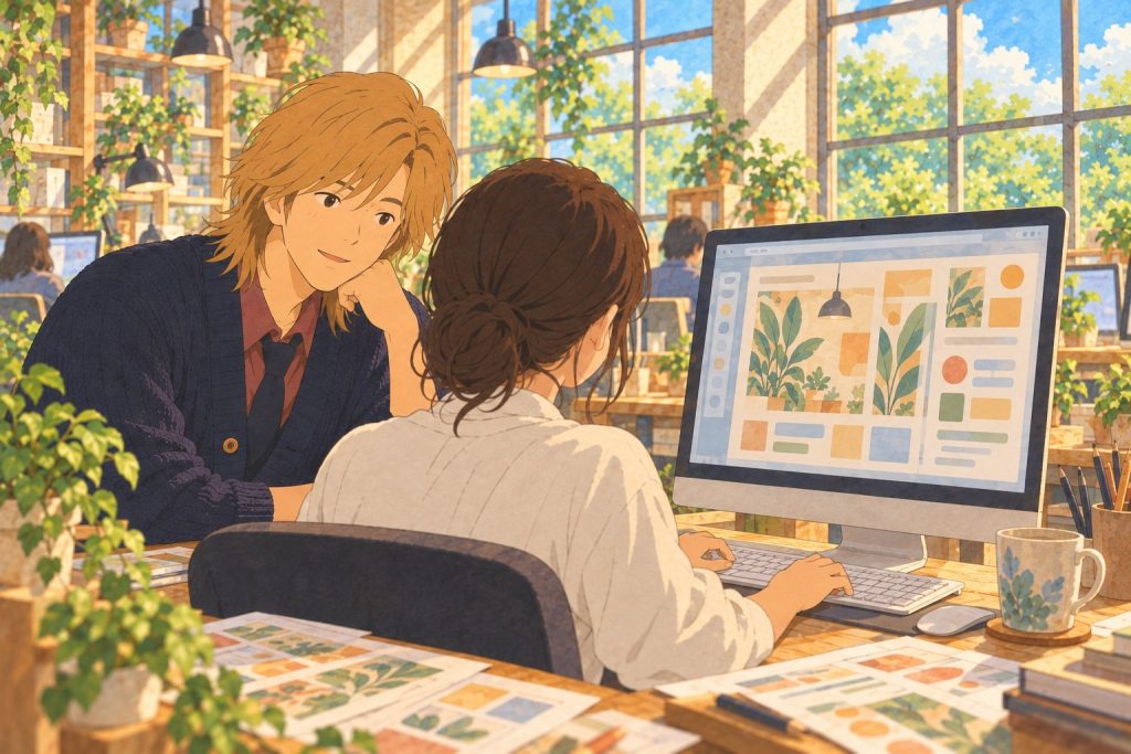 キーボードに手を置く利用者さんを上田さんが隣で見守るイラスト