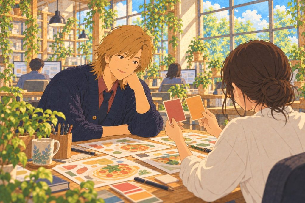 赤とオレンジの色見本を見比べる利用者さんと上田さんのイラスト