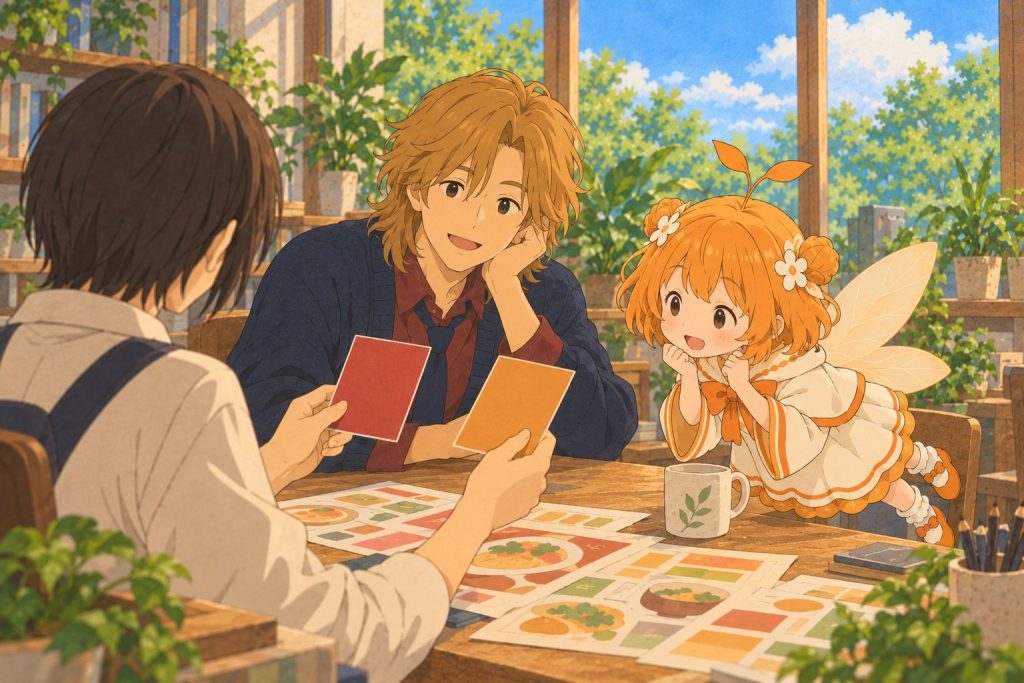 色見本を見比べる利用者さんと、上田さん、ひよりのイラスト