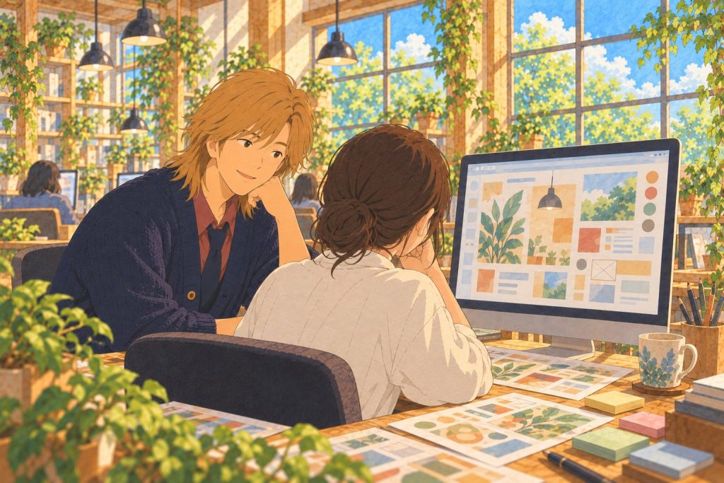 手が止まった利用者さんの話を上田さんが隣で聞くイラスト