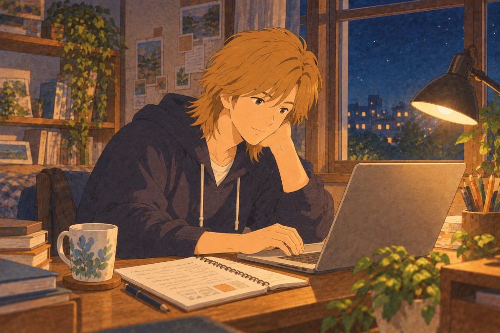 夜にノートパソコンで調べものをする上田さんのイラスト