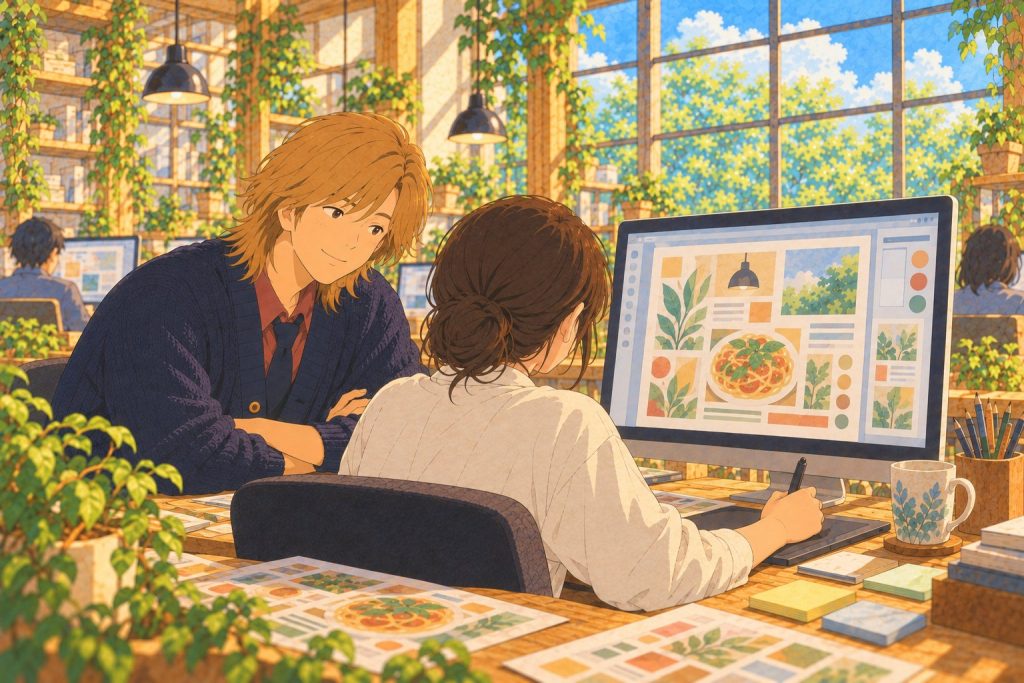 アドバイスを受けてデザインを直す利用者さんと見守る上田さんのイラスト