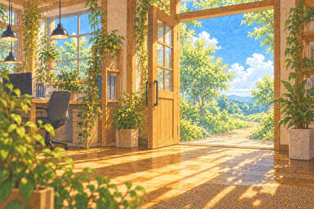 開いた扉から光が差し込むオフィスのイラスト