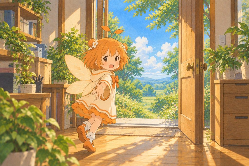 開いた扉の前で、ひよりが手を差し伸べているイラスト