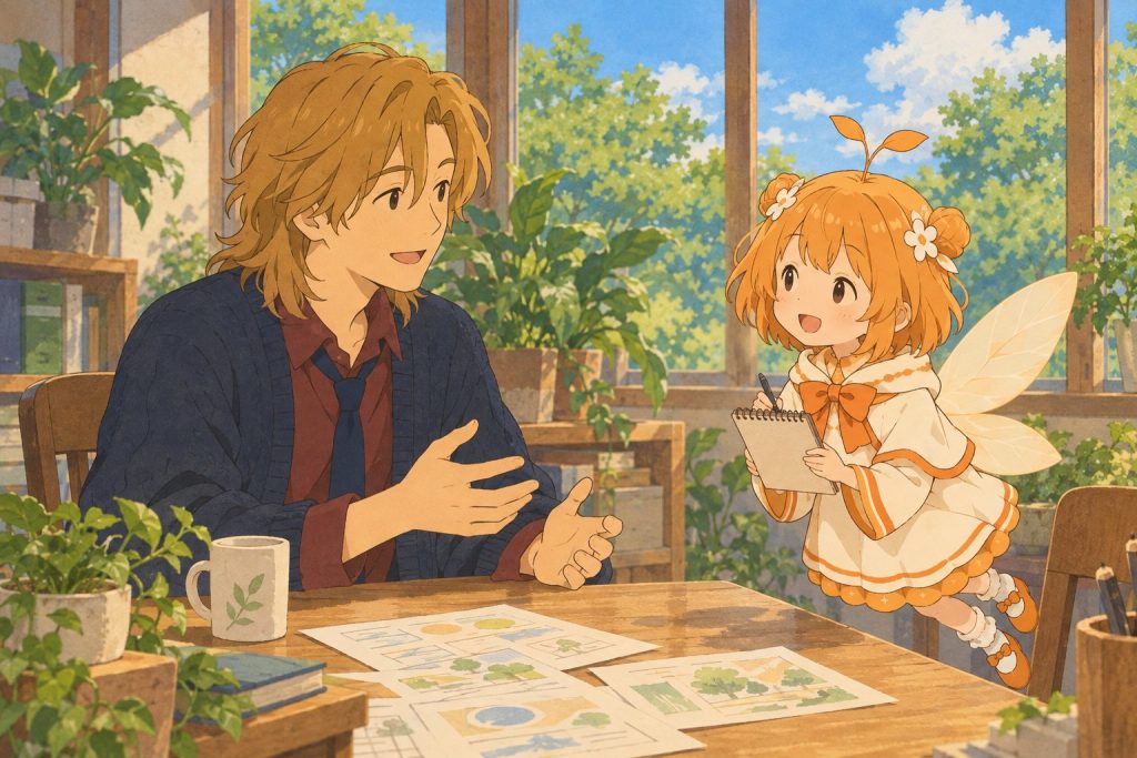 ひよりが上田さんにインタビューしているイラスト